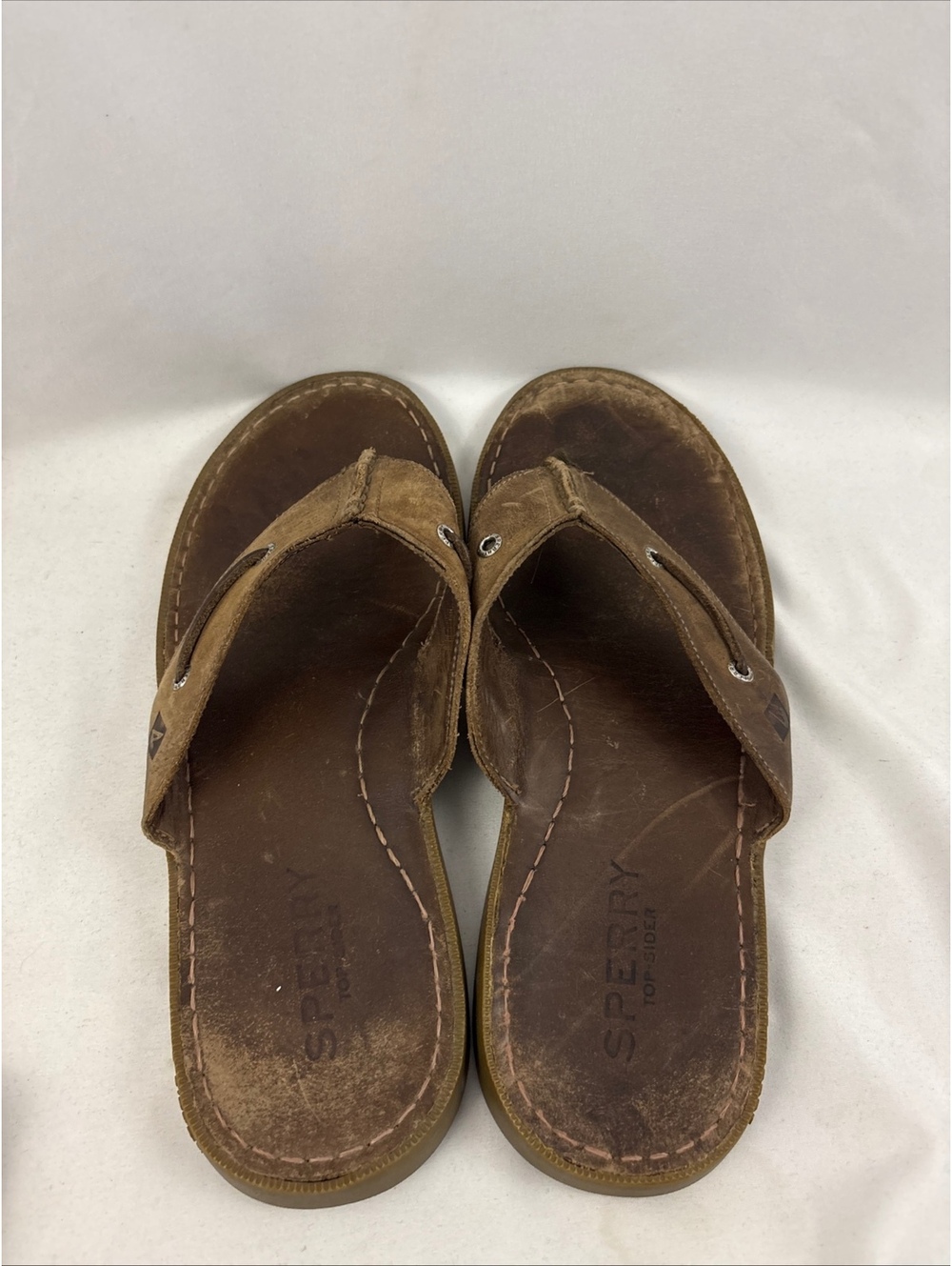Sperry Top Sider Logo Brown Leather Casual Flip Flop Sandals Shoes Mens 12.5 - Picture 3 of 9